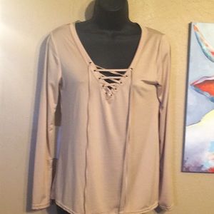 Lace up front beige top